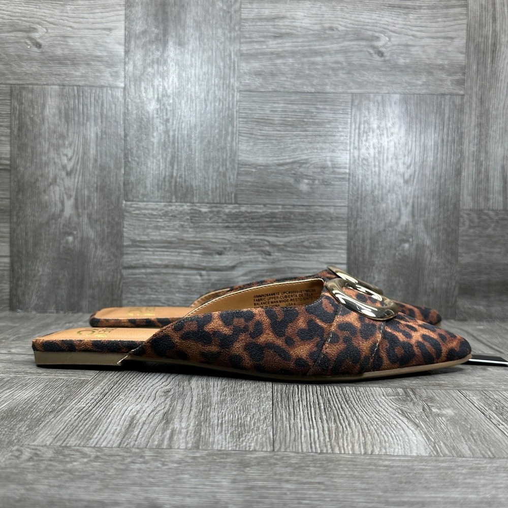 Madden NYC Mules Women 8 Leopard Print Pointed Toe Gold Buckle Flat NEW